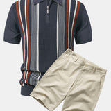 Ensemble Améline — polo zippé en maille rayée & short chino en coton