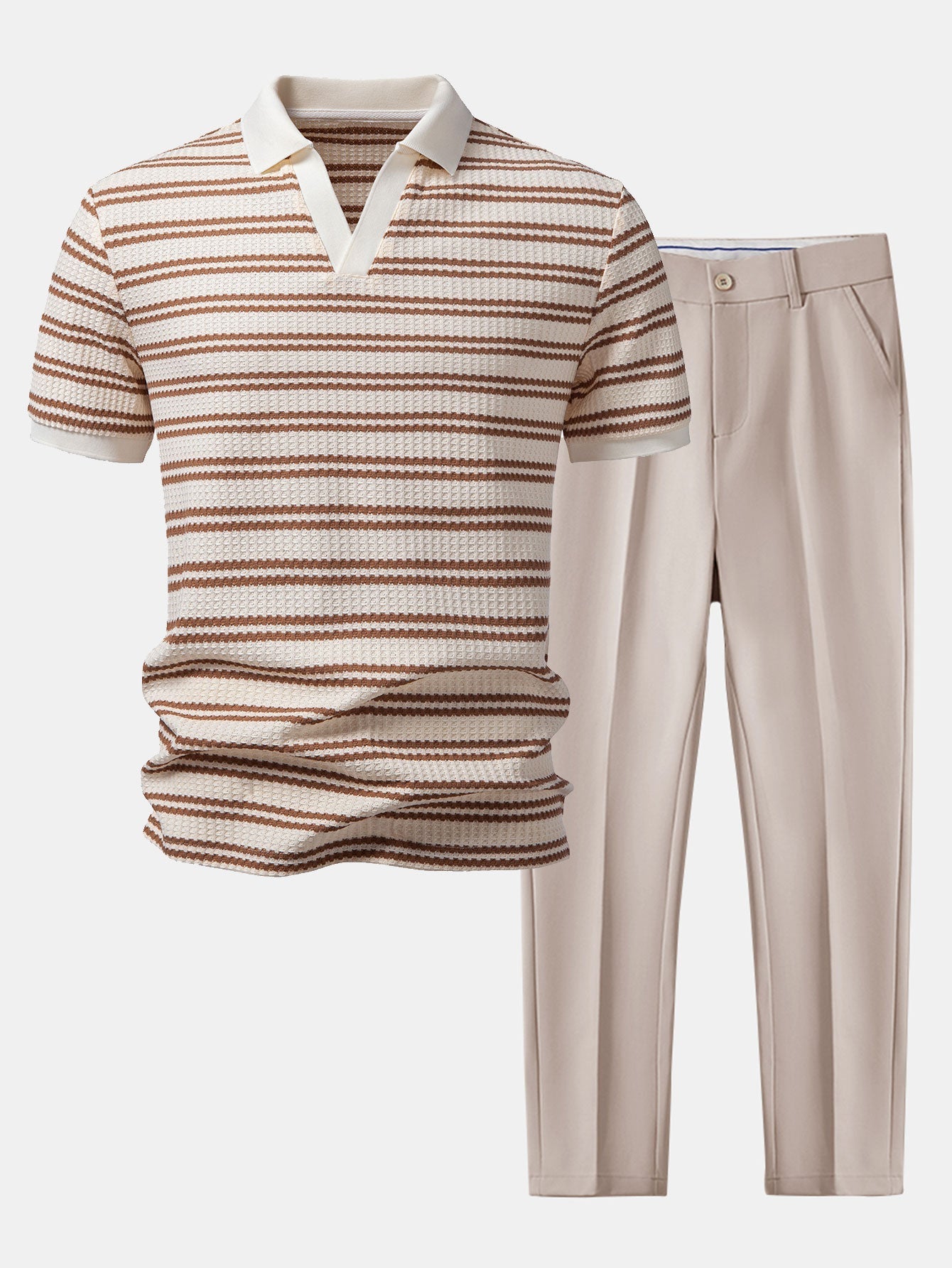 Ensemble Capucine — polo gaufré rayé à col Johnny & pantalon fuselé coupe slim