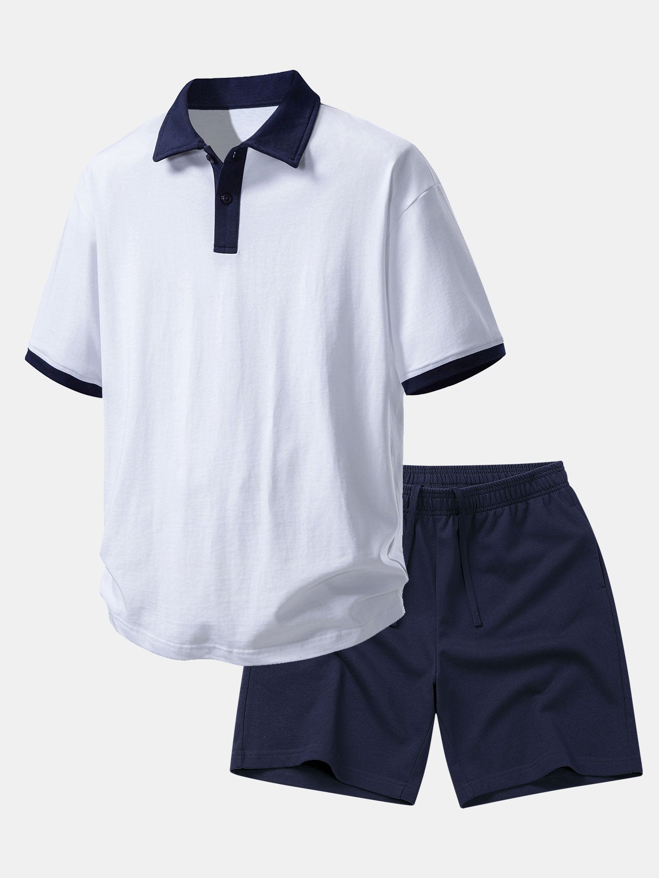 Ensemble — polo en coton contrastant coupe décontractée & short en coton à cordon