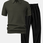 Ensemble — polo en maille jacquard à vagues et col V & pantalon côtelé à jambe droite