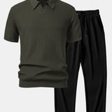 Ensemble — polo en maille jacquard à vagues et col V & pantalon côtelé à jambe droite