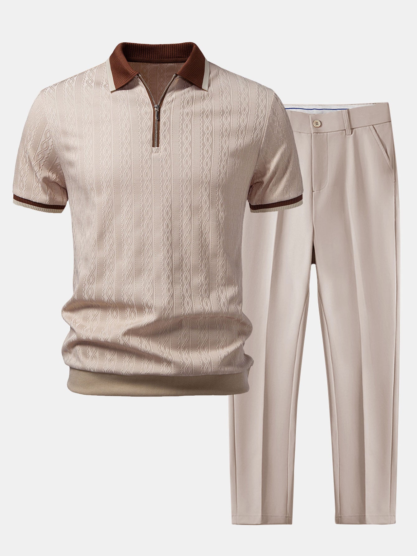 Ensemble Capucine — polo zippé en maille texturée à bordure contrastante & pantalon fuselé