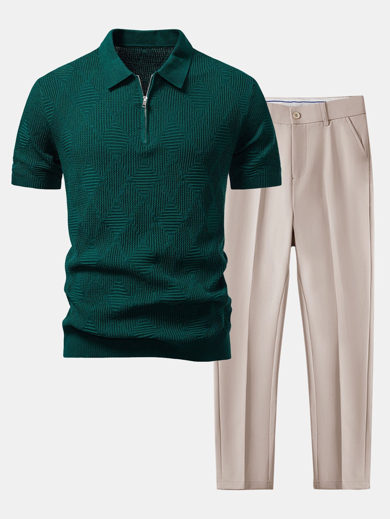 Ensemble — polo zippé en maille texturée à losanges & pantalon fuselé