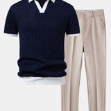 Ensemble — polo en maille jacquard géométrique contrastante & pantalon fuselé coupe slim
