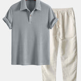 Ensemble — polo gaufré à manches courtes & pantalon en lin à jambe droite