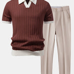 Ensemble — polo rayé à col Johnny et bordure contrastante & pantalon fuselé