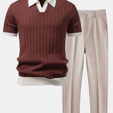 Ensemble — polo rayé à col Johnny et bordure contrastante & pantalon fuselé