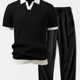 Ensemble — polo en maille texturée contrastante à col Johnny & pantalon texturé froissé