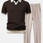 Ensemble — polo côtelé en maille à col Johnny et bordure contrastante & pantalon fuselé