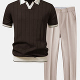 Ensemble — polo côtelé en maille à col Johnny et bordure contrastante & pantalon fuselé