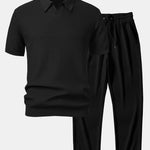 Ensemble — polo en maille jacquard à vagues et col V & pantalon côtelé à jambe droite