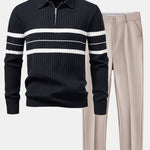 Ensemble — polo côtelé zippé en maille rayée & pantalon fuselé coupe slim