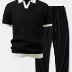 Ensemble — polo en maille texturée contrastante à col Johnny & pantalon gaufré en maille à cordon