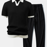 Ensemble — polo en maille texturée contrastante à col Johnny & pantalon gaufré en maille à cordon
