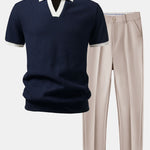 Ensemble — polo gaufré en maille contrastante à col Johnny & pantalon fuselé