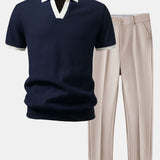 Ensemble — polo gaufré en maille contrastante à col Johnny & pantalon fuselé