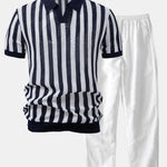 Ensemble Capucine — polo en maille ajourée rayée à col Johnny & pantalon en lin à jambe droite