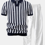 Ensemble Capucine — polo en maille ajourée rayée à col Johnny & pantalon en lin à jambe droite