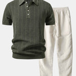 Ensemble — polo en maille ajourée de lin rayé & pantalon en lin à jambe droite