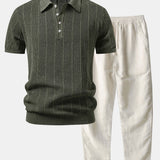Ensemble — polo en maille ajourée de lin rayé & pantalon en lin à jambe droite