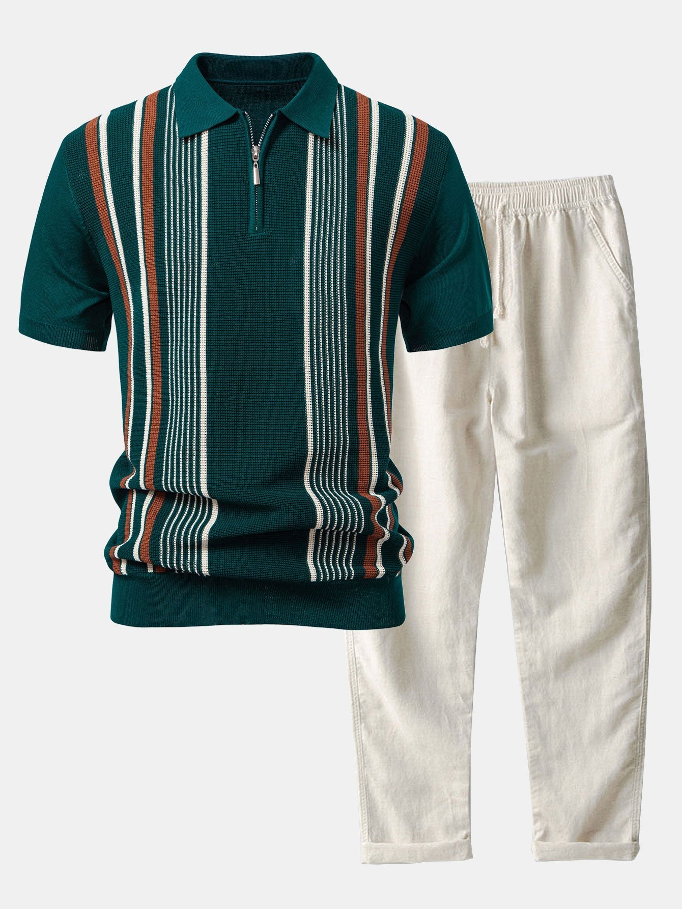 Ensemble — polo zippé en maille rayée & pantalon en lin à jambe droite