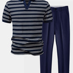 Ensemble Capucine — polo gaufré rayé à col Johnny & pantalon fuselé coupe slim