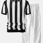 Ensemble — polo zippé en maille rayée ajourée & pantalon en lin à jambe droite