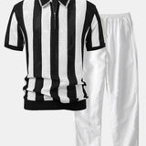 Ensemble — polo zippé en maille rayée ajourée & pantalon en lin à jambe droite