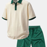 Ensemble — polo en coton contrastant coupe décontractée & short en coton à cordon
