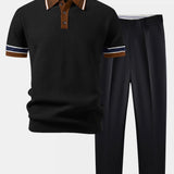 Ensemble — polo en maille gaufrée à bordure rayée contrastante & pantalon fuselé coupe slim