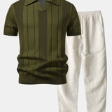 Ensemble Améline — polo en maille ajourée rayée à col Johnny & pantalon en lin à jambe droite