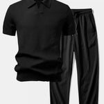 Ensemble — polo en maille crochetée texturée à col Johnny & pantalon texturé froissé