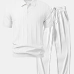 Ensemble — polo en maille jacquard rayée & pantalon côtelé à jambe droite