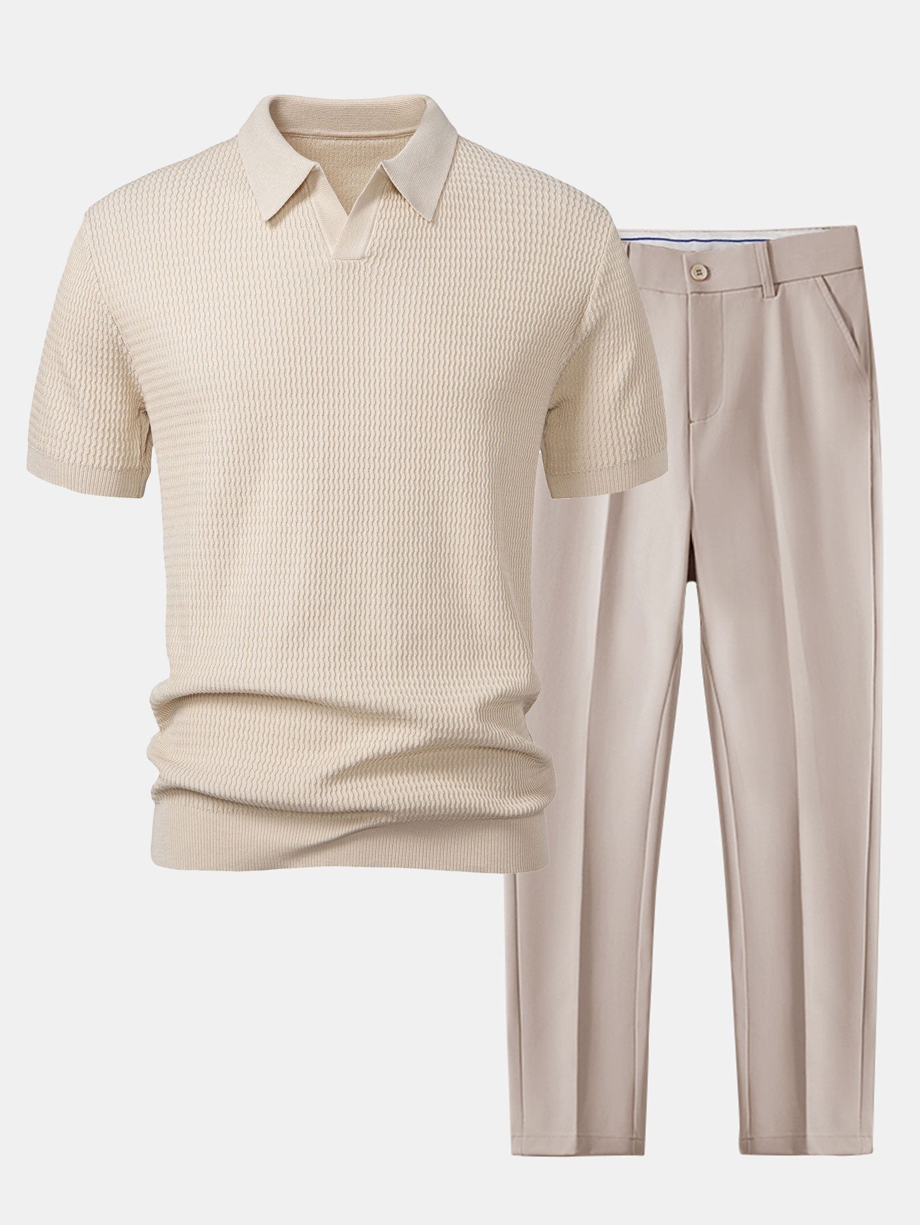 Ensemble — polo en maille jacquard à vagues et col V & pantalon fuselé coupe slim