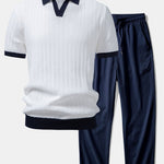Ensemble — polo en maille texturée contrastante à col Johnny & pantalon texturé froissé