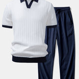 Ensemble — polo en maille texturée contrastante à col Johnny & pantalon texturé froissé