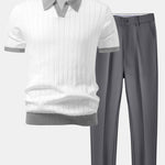 Ensemble — polo rayé à col Johnny et bordure contrastante & pantalon fuselé