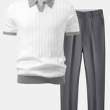 Ensemble — polo rayé à col Johnny et bordure contrastante & pantalon fuselé