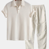 Ensemble — polo gaufré à manches courtes & pantalon en lin à jambe droite