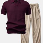 Ensemble — polo en maille crochetée texturée à col Johnny & pantalon texturé froissé