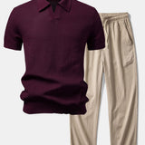 Ensemble — polo en maille crochetée texturée à col Johnny & pantalon texturé froissé