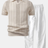Ensemble Améline — polo en maille ajourée rayée à col Johnny & pantalon en lin à jambe droite