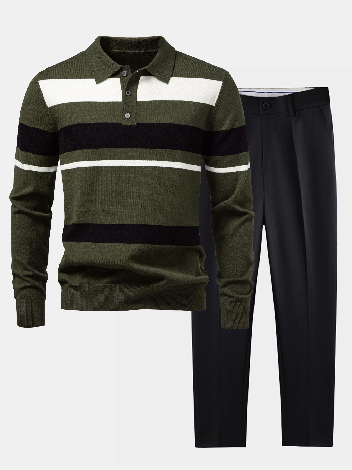 Ensemble — polo en maille rayée à manches longues & pantalon fuselé coupe slim