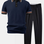 Ensemble — polo en maille gaufrée à bordure rayée contrastante & pantalon fuselé coupe slim