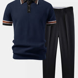 Ensemble — polo en maille gaufrée à bordure rayée contrastante & pantalon fuselé coupe slim