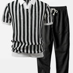Ensemble Capucine — polo en maille ajourée rayée à col Johnny & pantalon en lin à jambe droite