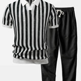Ensemble Capucine — polo en maille ajourée rayée à col Johnny & pantalon en lin à jambe droite