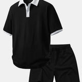 Ensemble — polo en coton contrastant coupe décontractée & short en coton à cordon