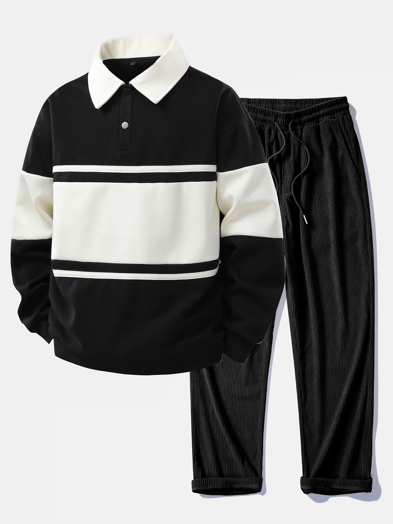 Ensemble — sweat polo patchwork color block coupe décontractée & pantalon en velours côtelé