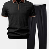 Ensemble Capucine — polo zippé en maille texturée à bordure contrastante & pantalon fuselé